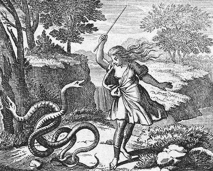 Tiresias strikes two snakes with a stick, and is transformed into a woman by Hera. Engraving by Johann Ulrich Kraus. LGBT